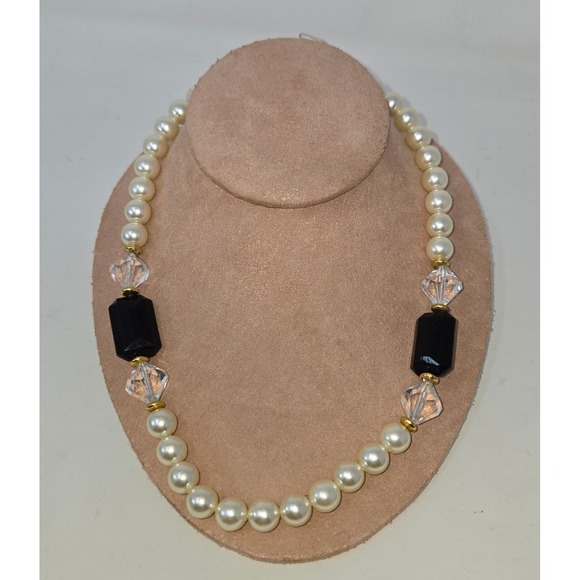 Faux Pearl Black Onyx Beaded Choker Necklace 18" Vintage Fashion Costume Jewelry - Picture 6 of 10